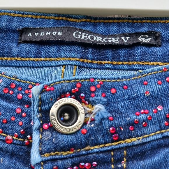 Avenue George V Red Rhinestone Skinny Jeans Mens Sz 32 Button Fly Distressed - Picture 6 of 11